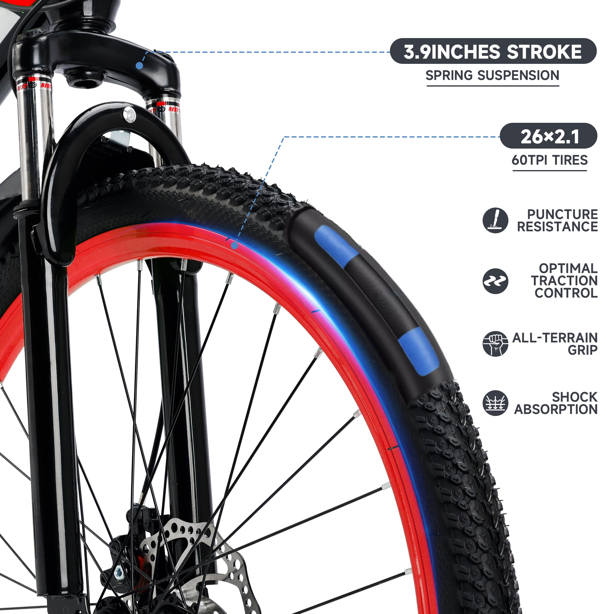 26" Mountain Bike for Men/Women, 24 Speed Shimano Twist Shifting, Front or Dual Suspension, Comfort Saddle Red/White/Blue/Green