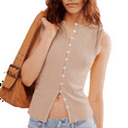 thumbnail image 2 of Women'S Scoop Neck Plain Button Front Ribbed Tank Top, Summer Sleeveless Knit Open Front Slim Fit Vest Khaki S, 2 of 7