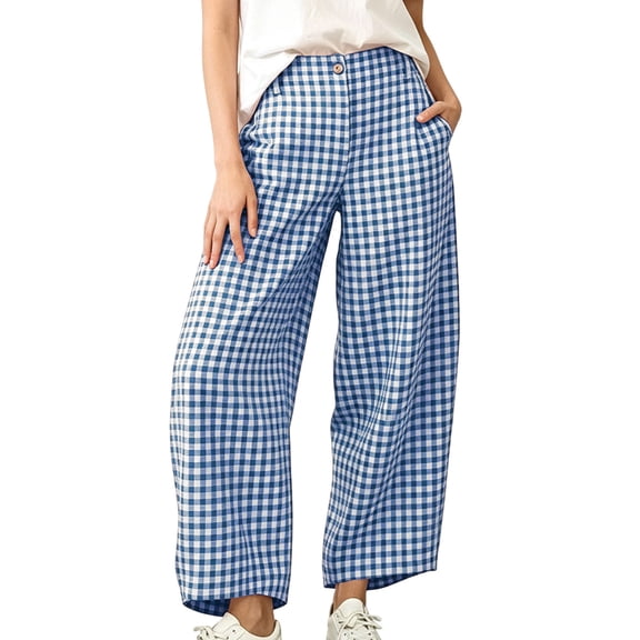 Admvng Women's Plaid Pants Casual Wide Leg Checkered Long Trousers with Pockets