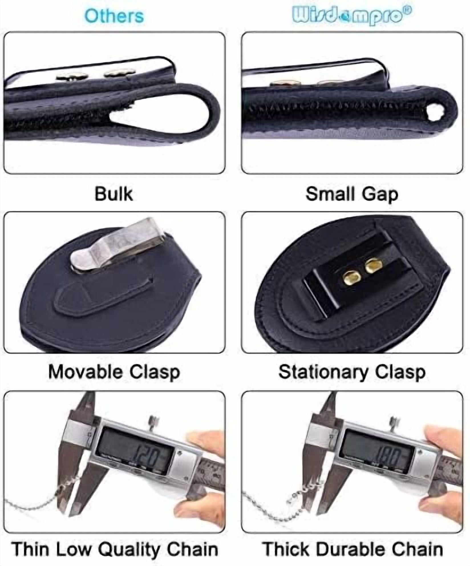 Quivanta Police Badge Holder, Cowhide Leather Universal Police Badge Holder Pocket Case with Stationary Mn-Steel Belt Clip, Hook and Loop Closure and Stainless Bead Chain Necklace- Oval Shape