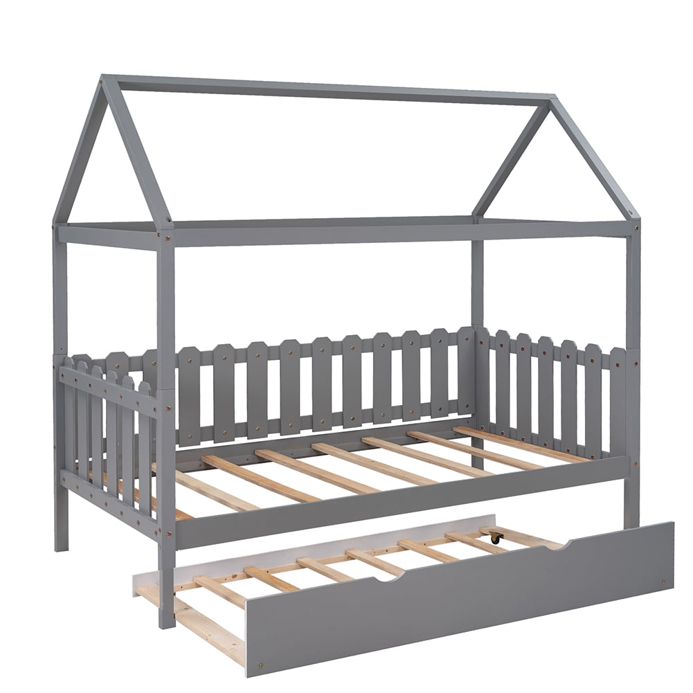 Lowestbest Twin Size House Bed with Trundle and Guardrail for Kids in Gray Lowestbest Twin Size House Bed with Trundle and Guardrail for Kids in Gray