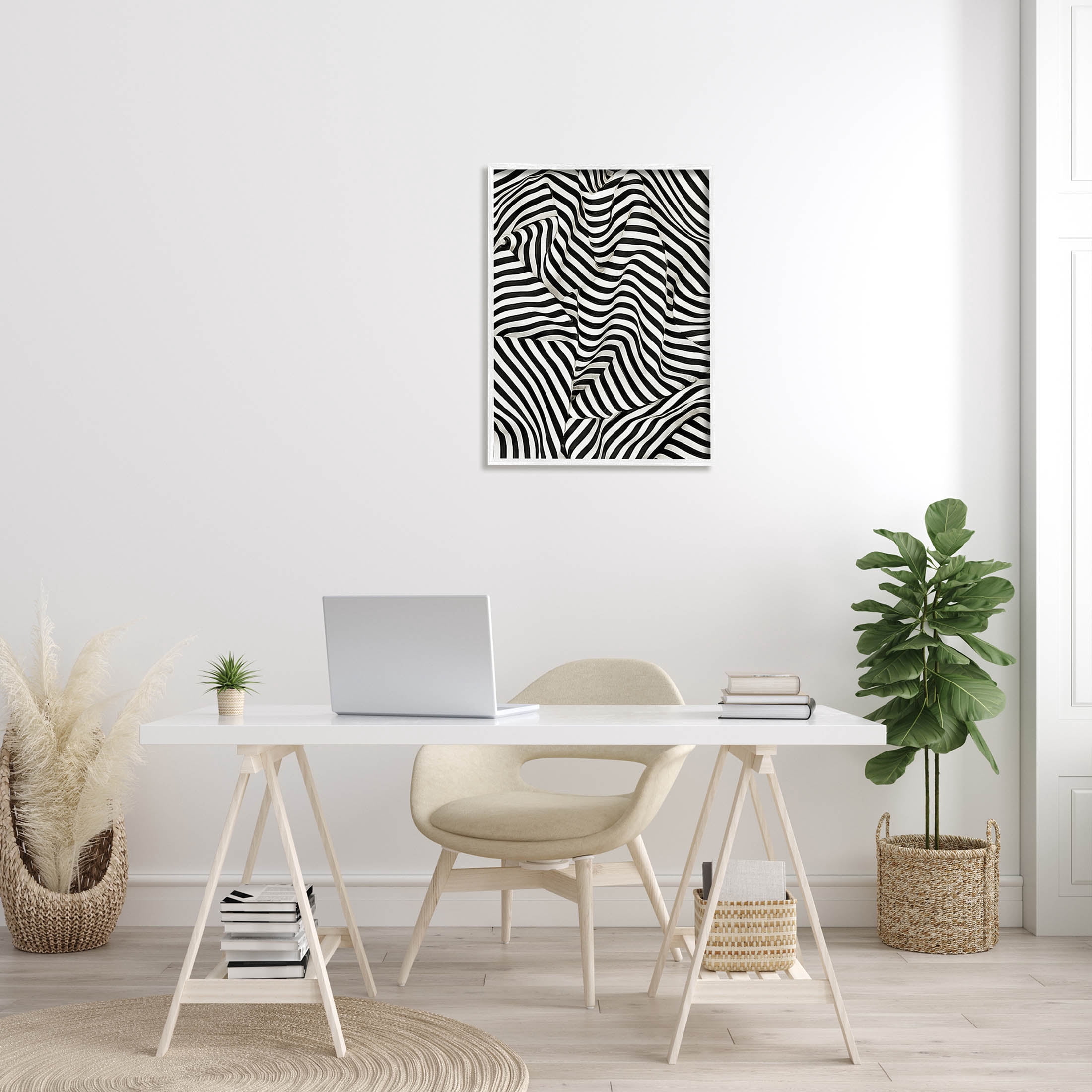 Folded Striped Drapery Pattern Abstract Graphic Art White Framed Art Print Wall Art