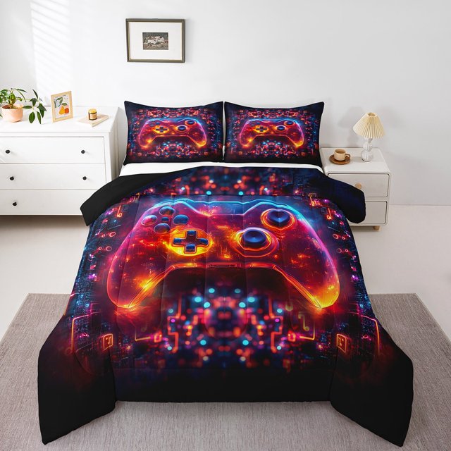 Erosebridal Neon Red Gamepad Bedding Twin Comforter Set, Geometric Circuit Board Down Comforter, Reversible 2-Piece