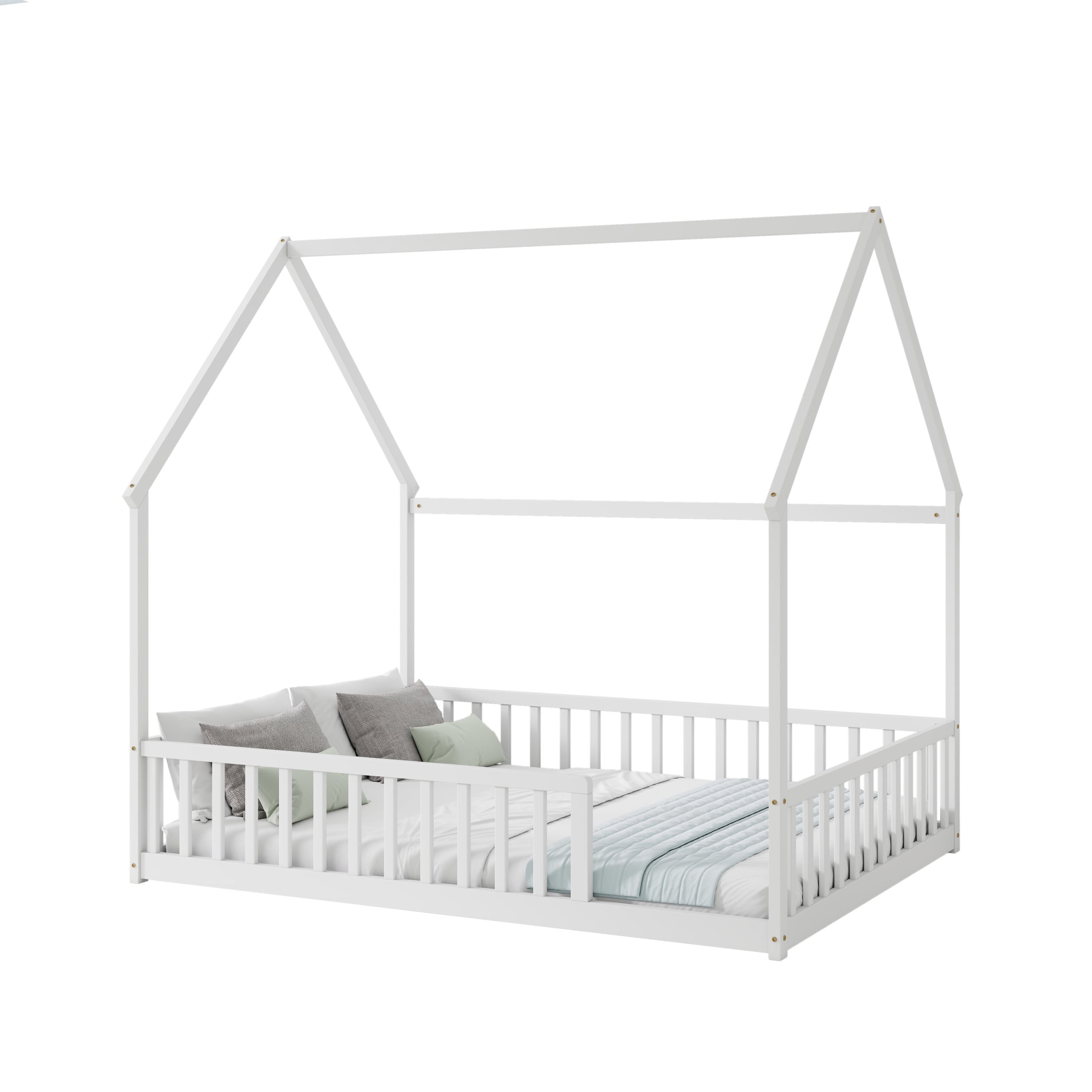 Noble House Morde Full Size House Floor Bed with Gable Roof Frame & Safety Guardrails, Pine Wooden Bed Frame, White
