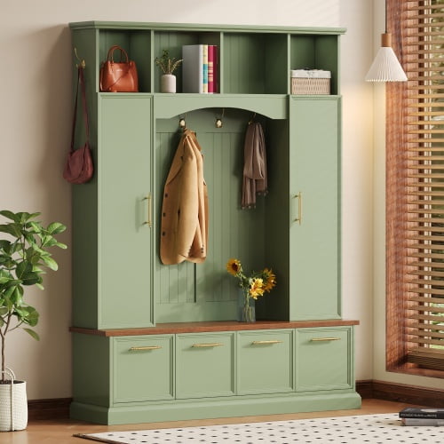 4-in-1 Farmhouse Wooden Hall Tree with Golden Hooks & Handles, Walnut Entryway Bench, Adjustable Shelves, 76.7" Tall Coat & Shoe Rack for Mudroom, Green