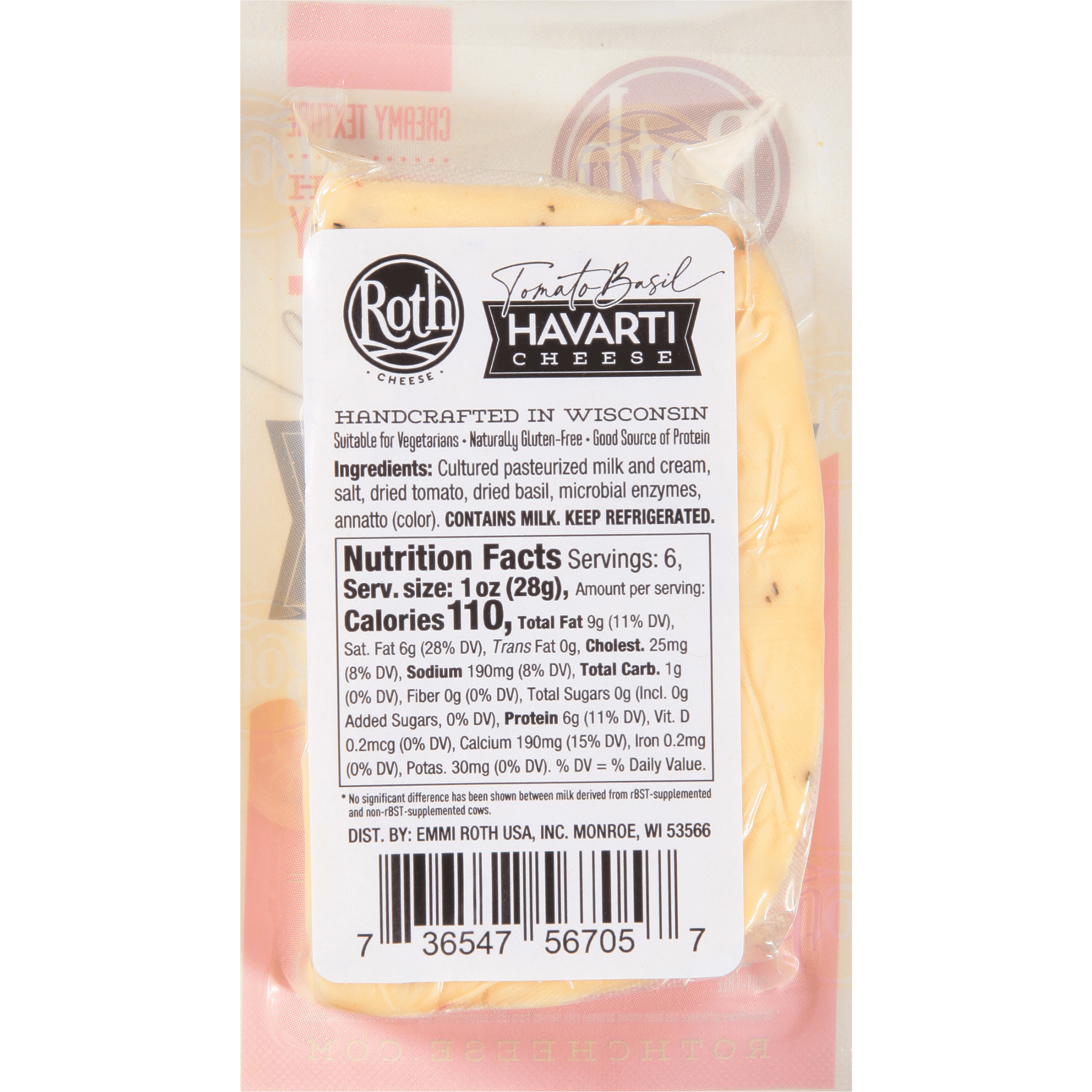 Roth Gluten Free Block Tomato Basil Havarti Cheese, 6 oz Fresh Plastic Wrapped