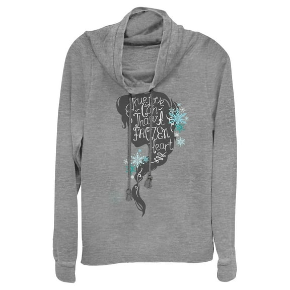 Junior's Frozen Love Thaws Heart  Cowl Neck Sweatshirt Gray Heather Medium
