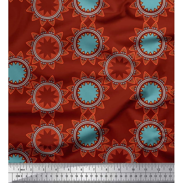 Soimoi Red Poly Georgette Fabric Sun Mandala Print Sewing Fabric Yard 52 Inch Wide