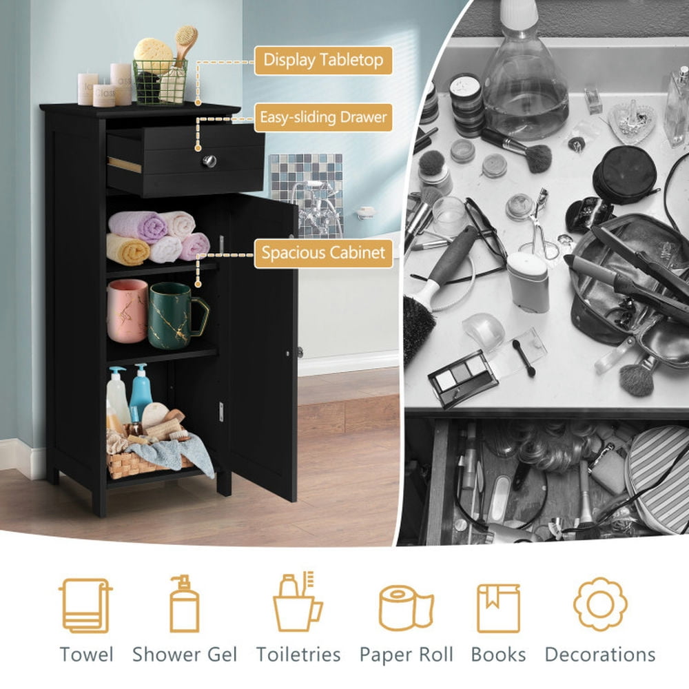Finihen Storage Cabinet, Floor Cabinet, Wooden Storage Free-Standing Floor Cabinet with Drawer and Shelf, for Bathroom, Living Room, Bedroom, Kitchen, Black