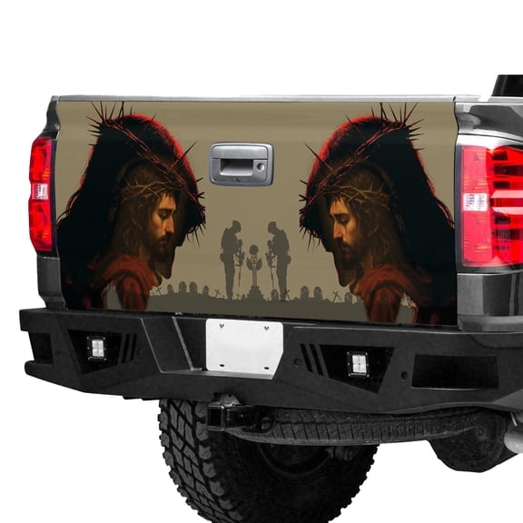 Christian Faith Tailgate Wrap – Jesus Crown of Thorns & American Flag Truck Tailgate Decal, Religious Truck Tailgate Graphic, Patriotic Christian Tailgate Decor