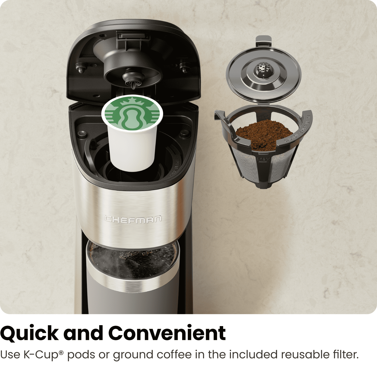 Chefman InstaCoffee Max Single Serve Coffee Maker w/ Cup Lift, Reusable Filter, K Cup Compatible - Black