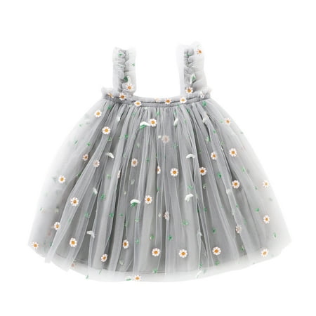 

GWAABD Girls Casual Elegant Dress Grey Cotton Blend Toddler Baby Girls Sleeveless Sunflower Suspender Tulle Princess Dress 130