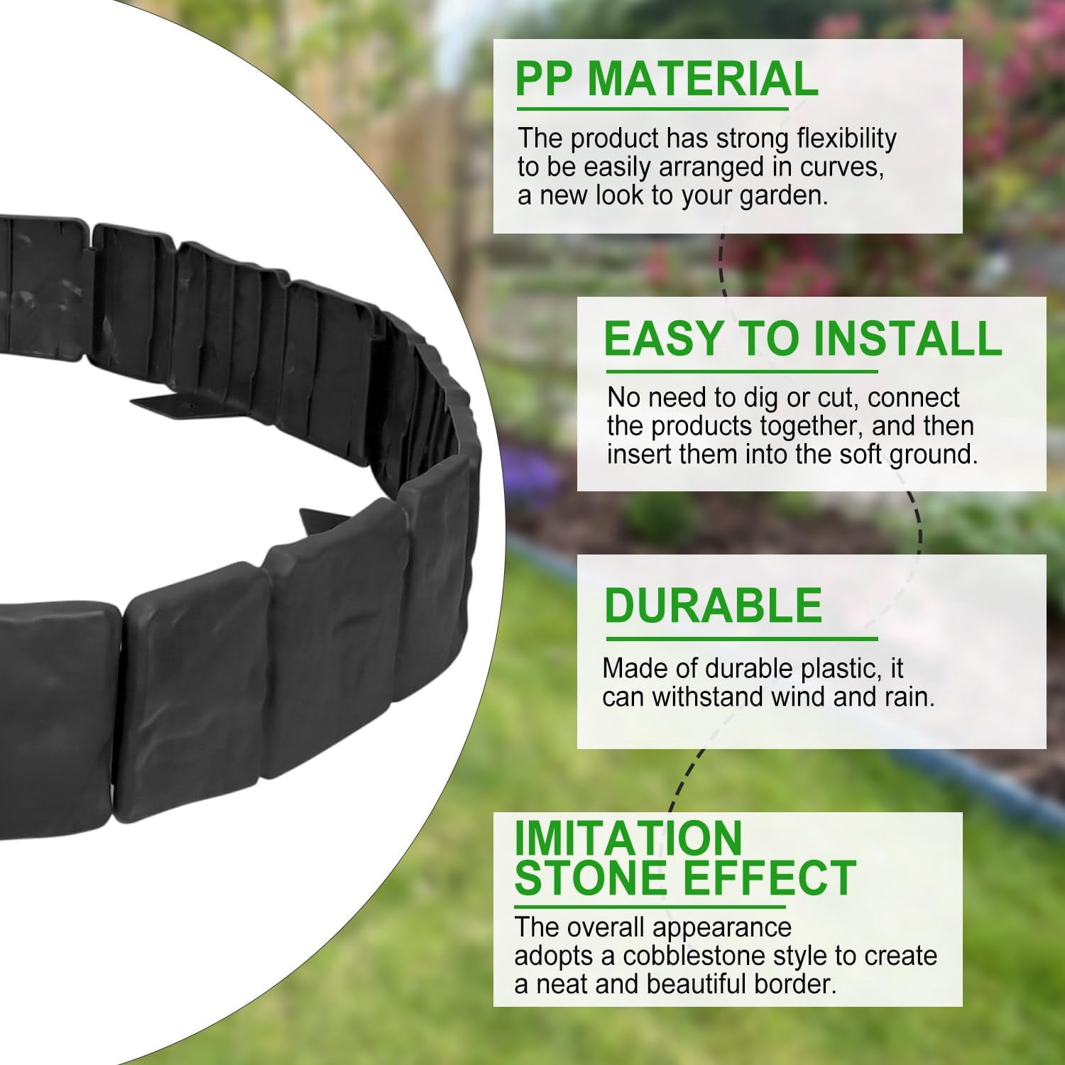 Garden Edging Border NO DIG, with Landscape Edging Anchoring Spikes, Black Stone Effect Plastic Lawn Edging Fencing, Interlocking Yard Lawn Edging for Flower Bed | 24 Ft | 30Pcs | Black |