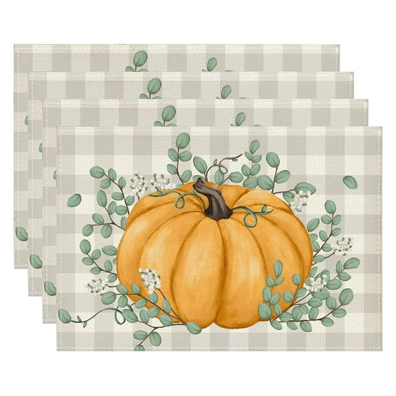 Harliver Fall Thanksgiving Placemats, Orange Pumpkins Leaves Placemats Set of 4, Heat Resistant Washable Linen Table Place Mats Party Holiday Decor for Home Kitchen Dining Outdoor Indoor (12.6*16.5in)