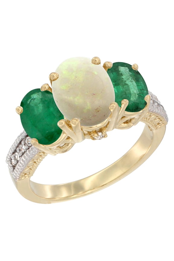 14K Yellow Gold Diamond Natural Opal Ring 3-Stone Oval 8x6mm with Emerald, size 7