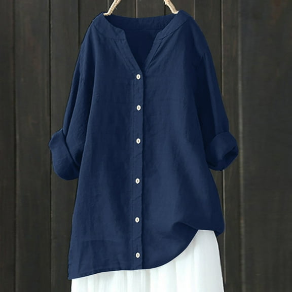 Summer Linen Tops for Women 2025 Vacation Trendy V Neck Long Sleeve Shirts Casual Button Up Tunic Clothes Navy XXXXXL