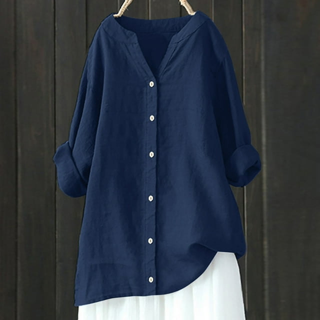 Meichang Plus Size Cotton Linen Shirts for Womens 2025 Roll Up 3/4 Sleeve Tops Comfy Lightweight Button Down Shirts Solid Color Basic Blouses