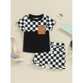 thumbnail image 2 of Suealasg Kids Boys Summer Outfits Clothes 6M 1T 2T 3T 4T Children Short Sleeve Checkerboard Print T-Shirt Tops Elastic Shorts 2Pcs Causal Beach Clothing for Toddler Boy, 2 of 9