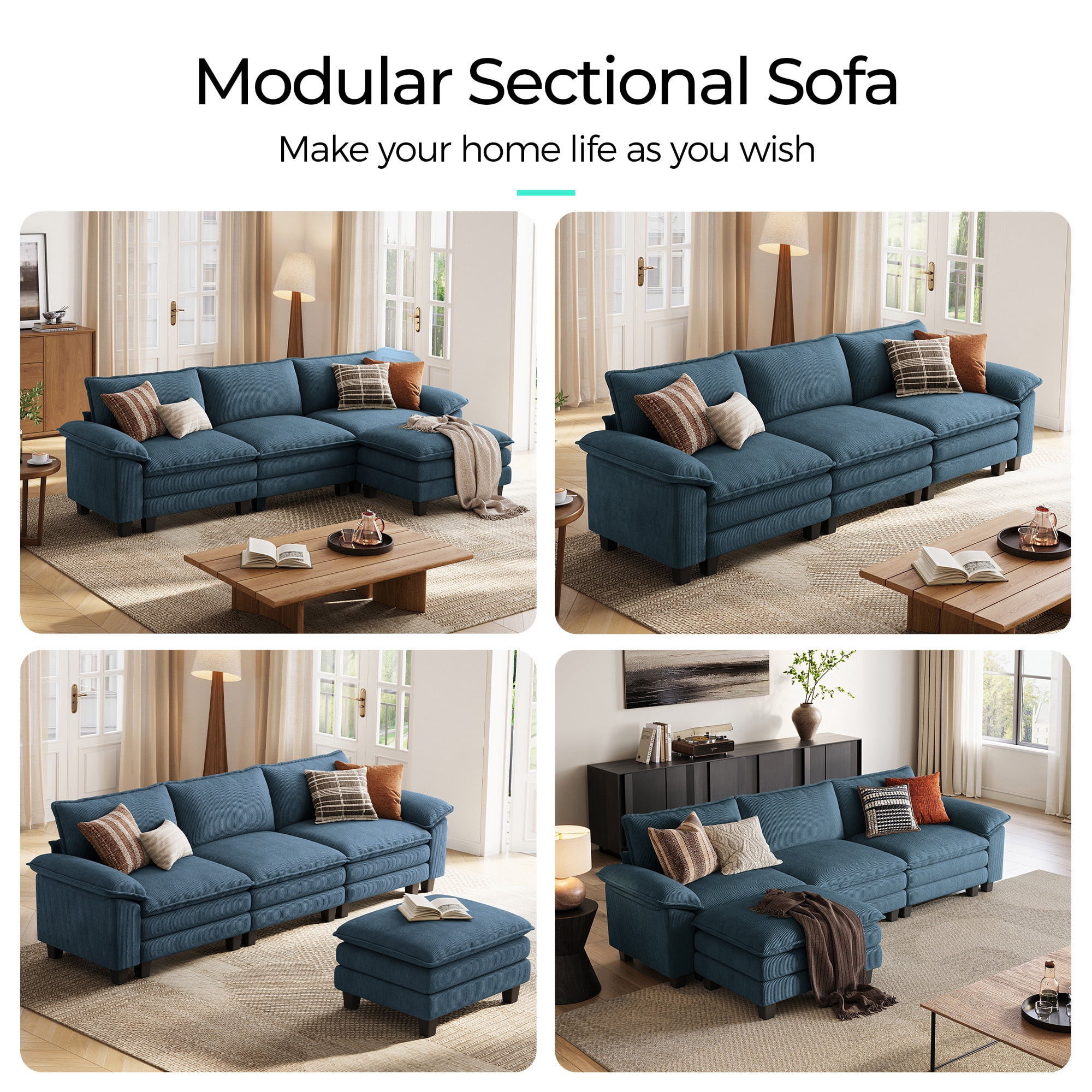 Linsy Home 123" Cloud Modular Sectional Sofa for Living Room, L-Shaped Cloud Sofa Couch with Corduroy Fabric, 3 Seat Oversized Couch with Movable Ottoman, Blue