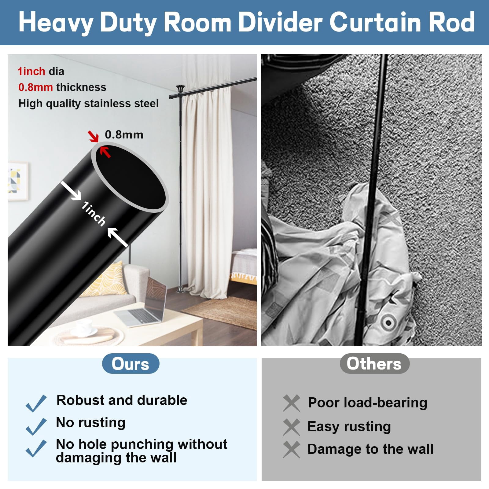 LCOKEIY Room Divider No Drilling Curtain Rods for Windows, 4-10ft(H) 28-144inch(W) Adjustable, Heavy Duty Curtain Rods Tension Rod Space Separator Ceiling Mounted, Black