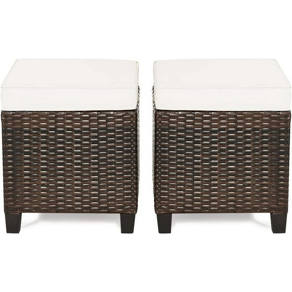RELAX4LIFE 2-Piece Patio Ottoman Set - Wicker Footstools, All Weather PE Rattan Ottoman with Removable Cushions, Square Footrest Seat, Outdoor Stools for Garden, Porch, Pouf Ottoman (Cream)