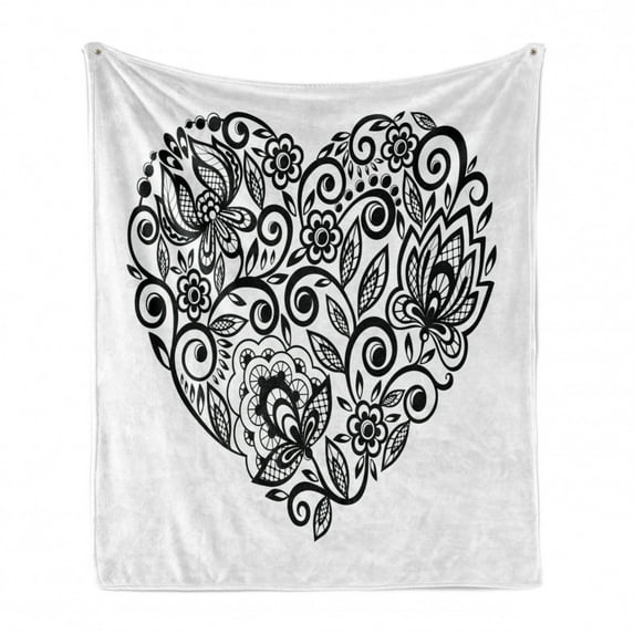 Hearts Soft Flannel Fleece Throw Blanket, Silhouette of Heart as a Floral Leaves with Monochrome Petals, Cozy Plush for Indoor and Outdoor Use, 60" x 80", Black and White, by Ambesonne
