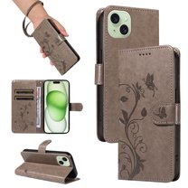 Nalacover Case Wallet for iPhone 14 Plus with Card Slots, Embossed Pattern PU Leather Phone Case for iPhone 14 Plus Kickstand Flip Cover Detachable Wrist Strap Magnetic Closure Folio Case, Grey
