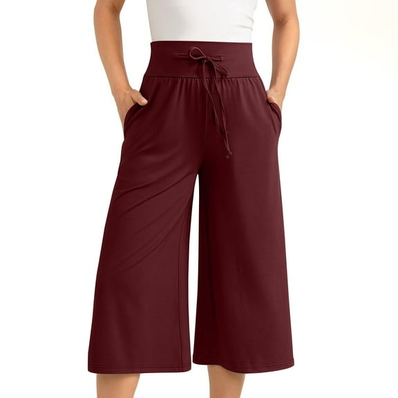 USNSM Capri Pants for Women 2024 Palazzo Pants Yoga Flowy Culottes Pant Elastic Drawstring Cropped Pants Summer with Pocket Wine M