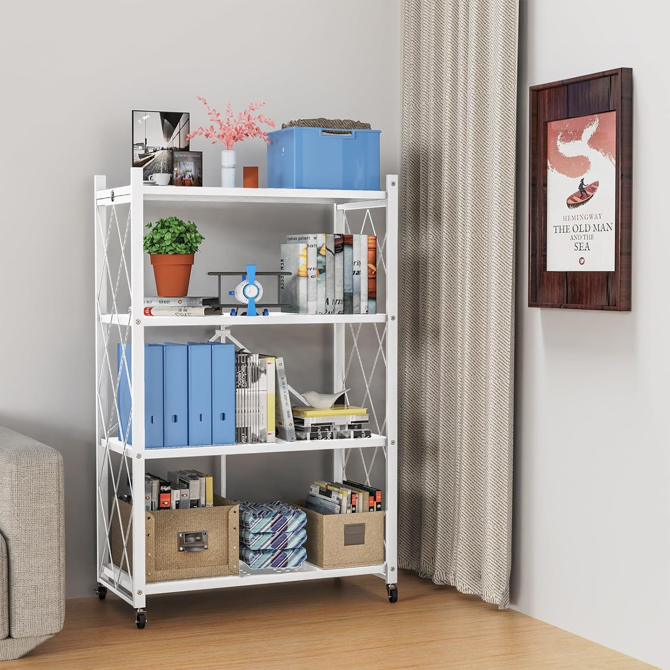 Lifetime Appliance Parts 4-Tier Foldable Storage Shelf with Wheels - Metal Collapsible Shelving Unit Display, Rolling Cart for Books Kitchen Storage Shelves, Pantry & Closet Organizer - WHITE