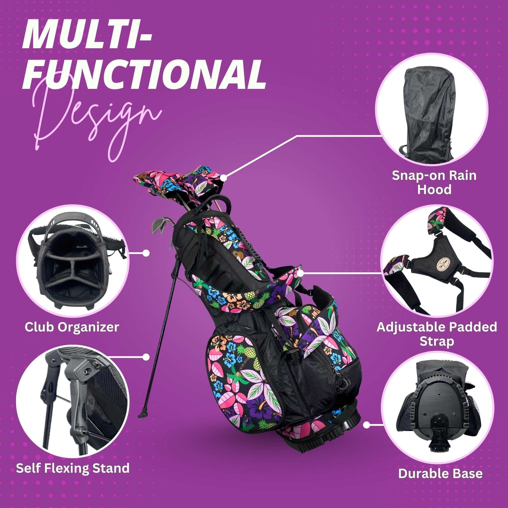 Women's Lightweight 4-Way Women's Golf Stand Bag | Taboo Fashions Stand Bag | Range Bag, Par 3, Executive Course | Self Flexing Stand, Adjustable Strap (Tropical Paradise)