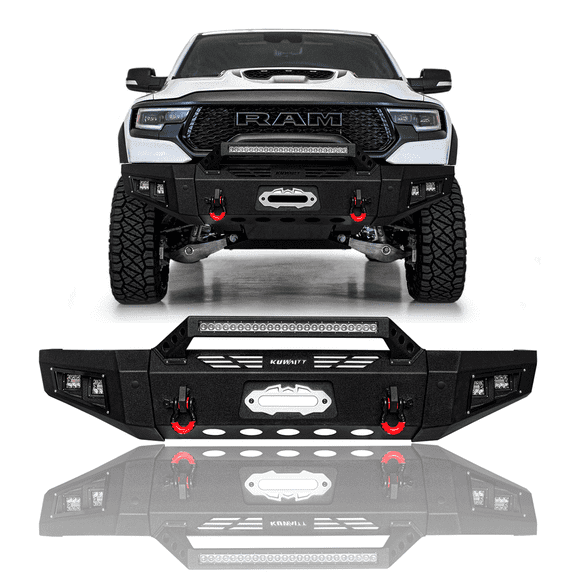TIOYAR For 2019-2024 Dodge Ram 1500 (Not fit classic model) Steel Front Bumper W/Winch Plate&Lights Black Texture