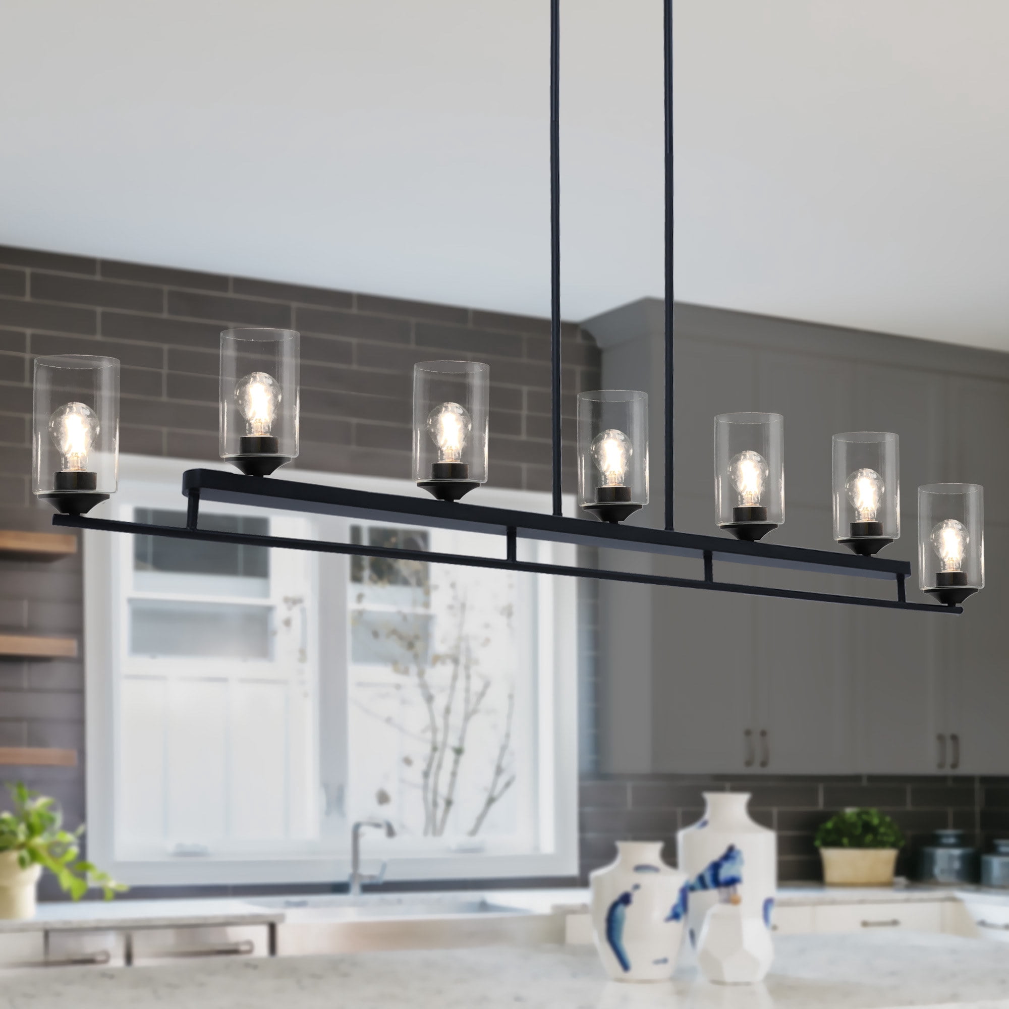 LNC 7-Light Matte Black Modern Linear Pendant with Clear Glass, Large Kitchen Island