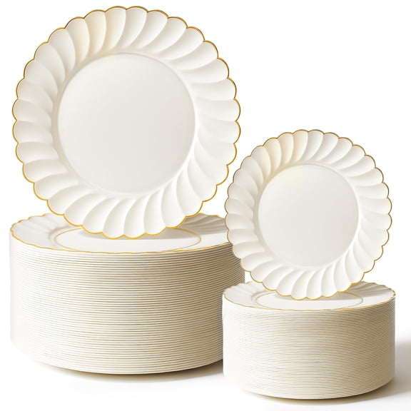 60 Pack – Elegant Ivory & Gold Scalloped Plastic Plates – Heavy-Duty Disposable Cream Plates with Gold Rim for Thanksgiving, Holidays, Dinners & Parties