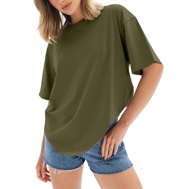 Camiseta de manga corta y cuello redondo oversize para mujer: corte holgado, color liso, mezcla de poliéster, tops casuales de verano, tallas S-XXL.