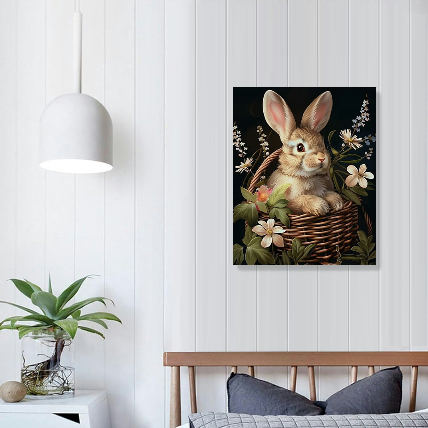 Jiayy Animal Canvas Art, Rabbit Is Sitting In Basket Of Wild Flowers Picture, Decoration Easter Poster Watercolor Painting Farmhouse Canvas Wall Art Bedroom Home Living Room