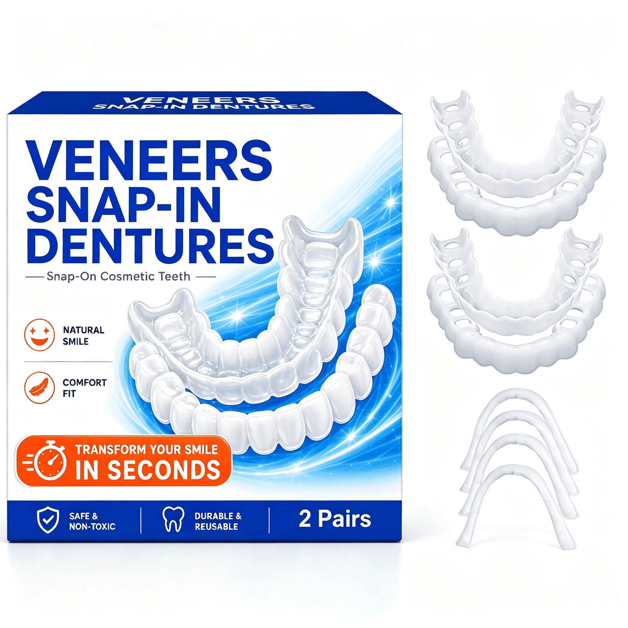 Fake Teeth, Dentures Veneers Teeth, Enhance Your Smile Appearance in Seconds, Lightweight Reusable Teeth Cover, 2Pair