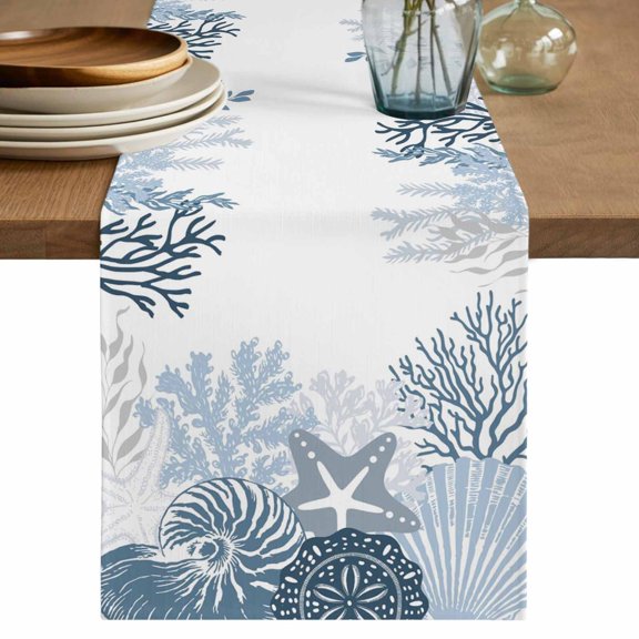Coastal Starfish Table Runner 60 Inches, Ocean Weeping Coral Beach Conch Haze Blue Bed Runner Dresser Scarves Tabletop for Indoor Outdoor Parties/Ceremony/Banquet, 13" x 60"
