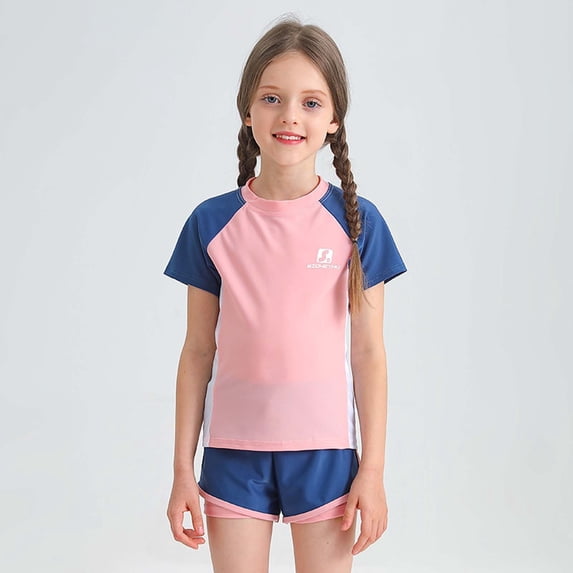 SOFTCCLO Girls Swimsuit Two Piece Printed Conservative Short Sleeve Tops Shorts Swimming Set Casual Swimwear for Kids Size 5-6Y