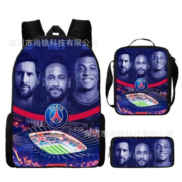 Conjunto de mochila infantil de 3 piezas con diseños de jugadores de fútbol para el colegio.