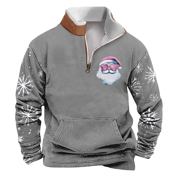 Sudadera sin capucha para hombre, de invierno, con cuello alto, cremallera, estampado navideño, jersey de manga larga, sudadera con capucha, blusa de poliéster para hombre