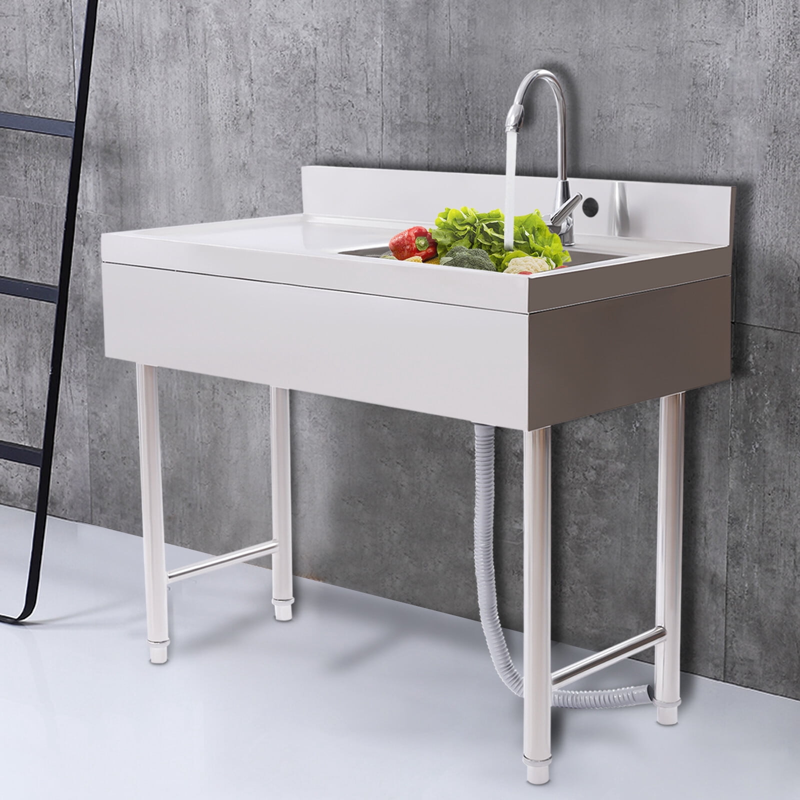 SENDERPICK Freestanding Silver Commercial Sink Stainless Steel Kitchen Utility Sink 1 Compartment & Prep Table