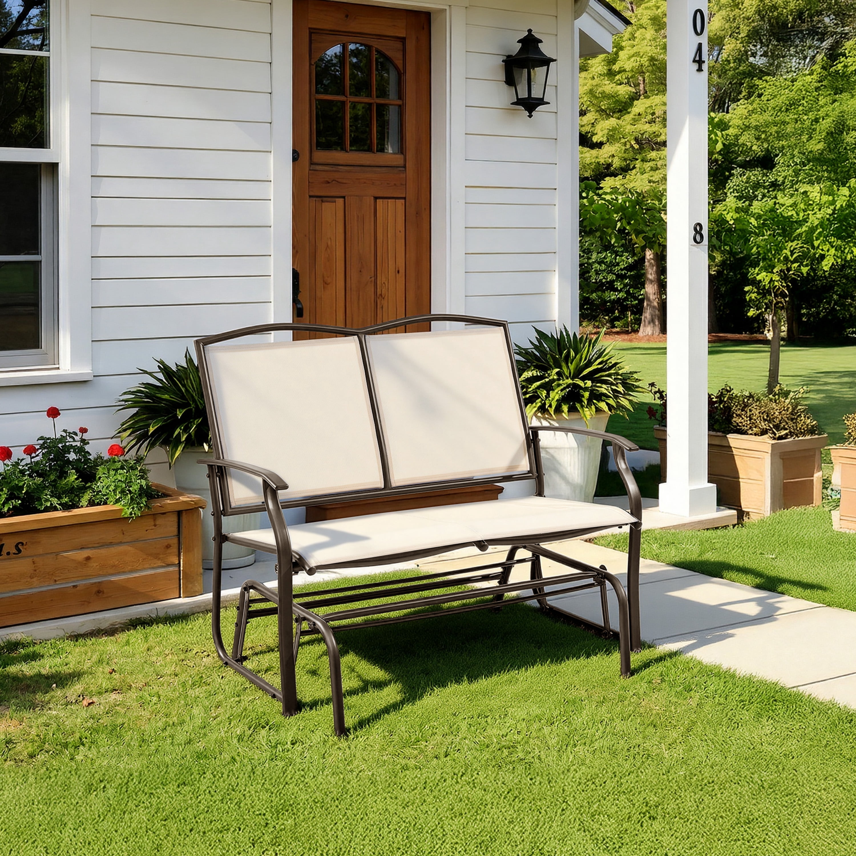 Alden Design 2-Person Patio Swing Glider Bench Weather-resistant Texteline for Outdoor, Beige