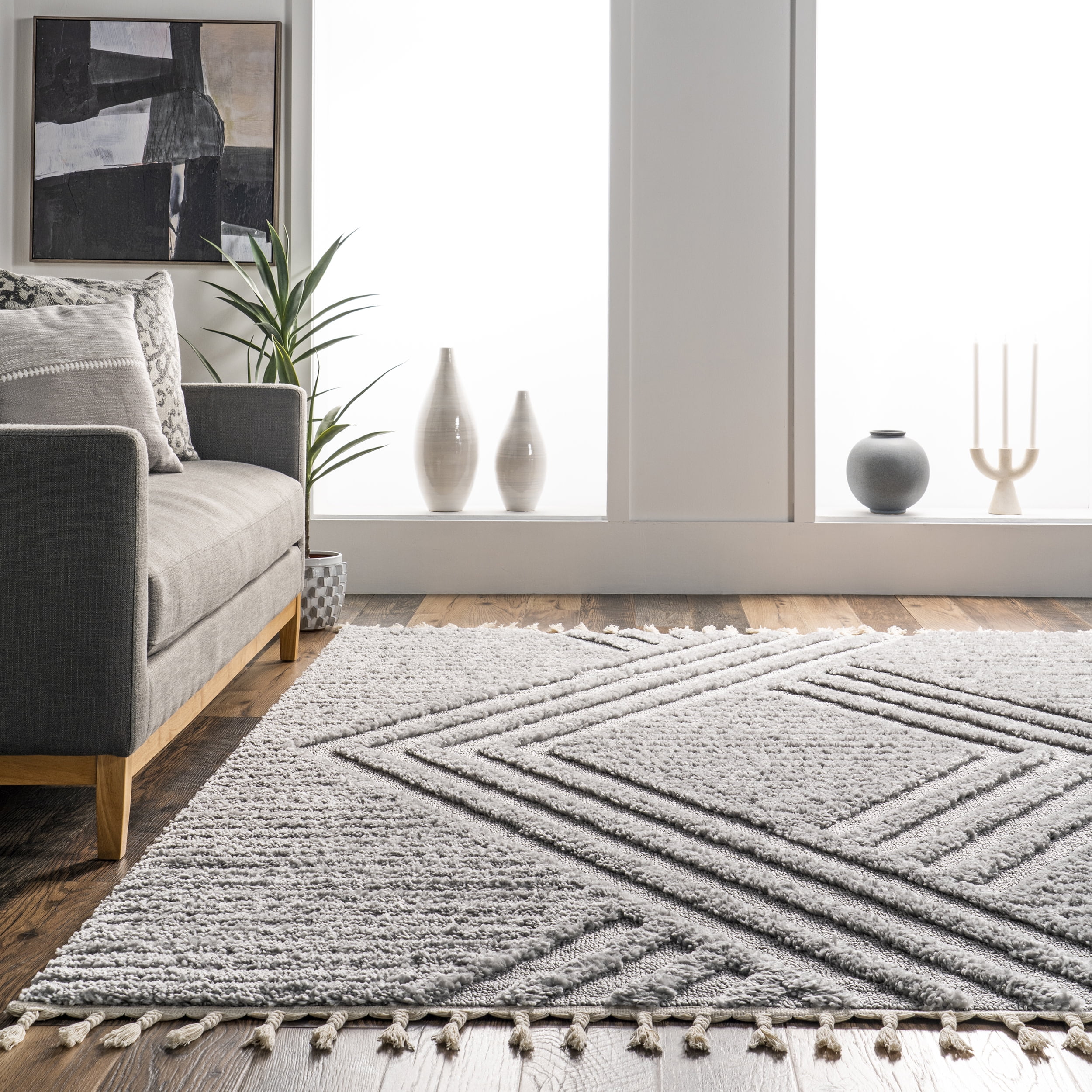 nuLOOM Risette Geometric Shag Tassel Area Rug, 4' x 6', Light Gray