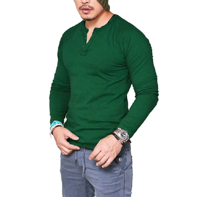 MAWCLOS Men Summer Tops Solid Color Blouse Plain T Shirts Basic Sport Long Sleeve T-shirt Dark Green L