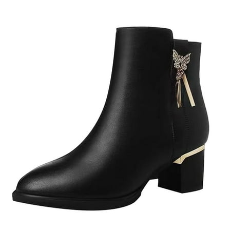 

Black Boots for Women Ladies Fashion Solid Color Boots Round Toe Mid Heel Butterfly Rhinestone Buckle Side Zipper Short Boots Ankle Boots for Women Artificial leather Black