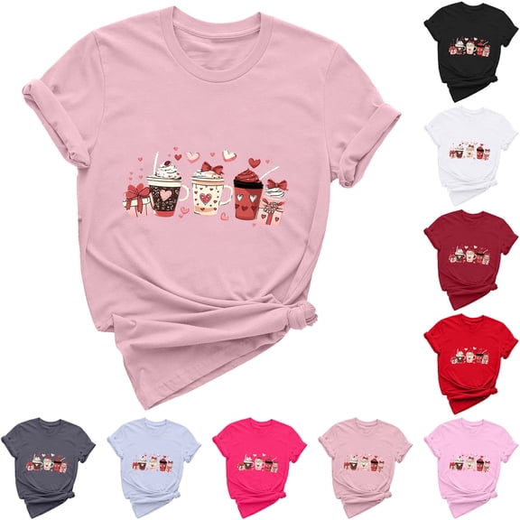 VKOYWKM Women's Valentine's T Shirts Love Heart Print Tees Short Sleeve Crew Neck Holiday T-Shirts Valentines Day Gifts