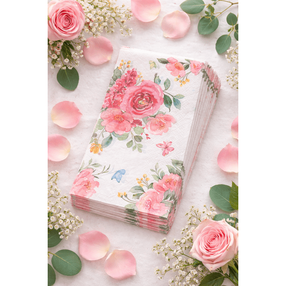 20-Count Pink Floral Disposable Paper Napkins, 2-Ply Soft Beverage & Party Napkins for Weddings, Bridal Showers, Birthdays