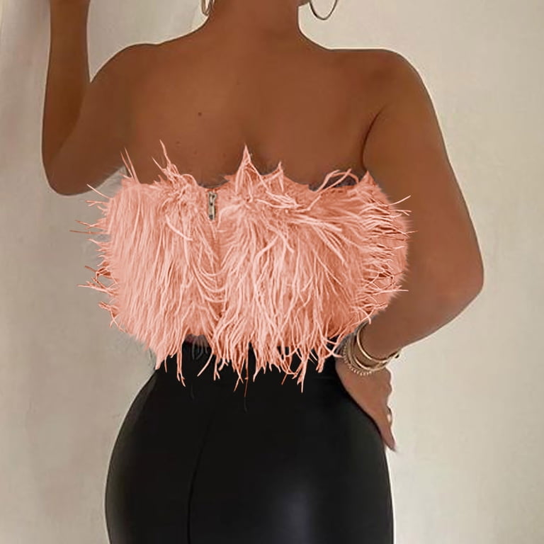 JWZUY Women Sleeveless Fur Feather Tube Tops Solid Color Strapless