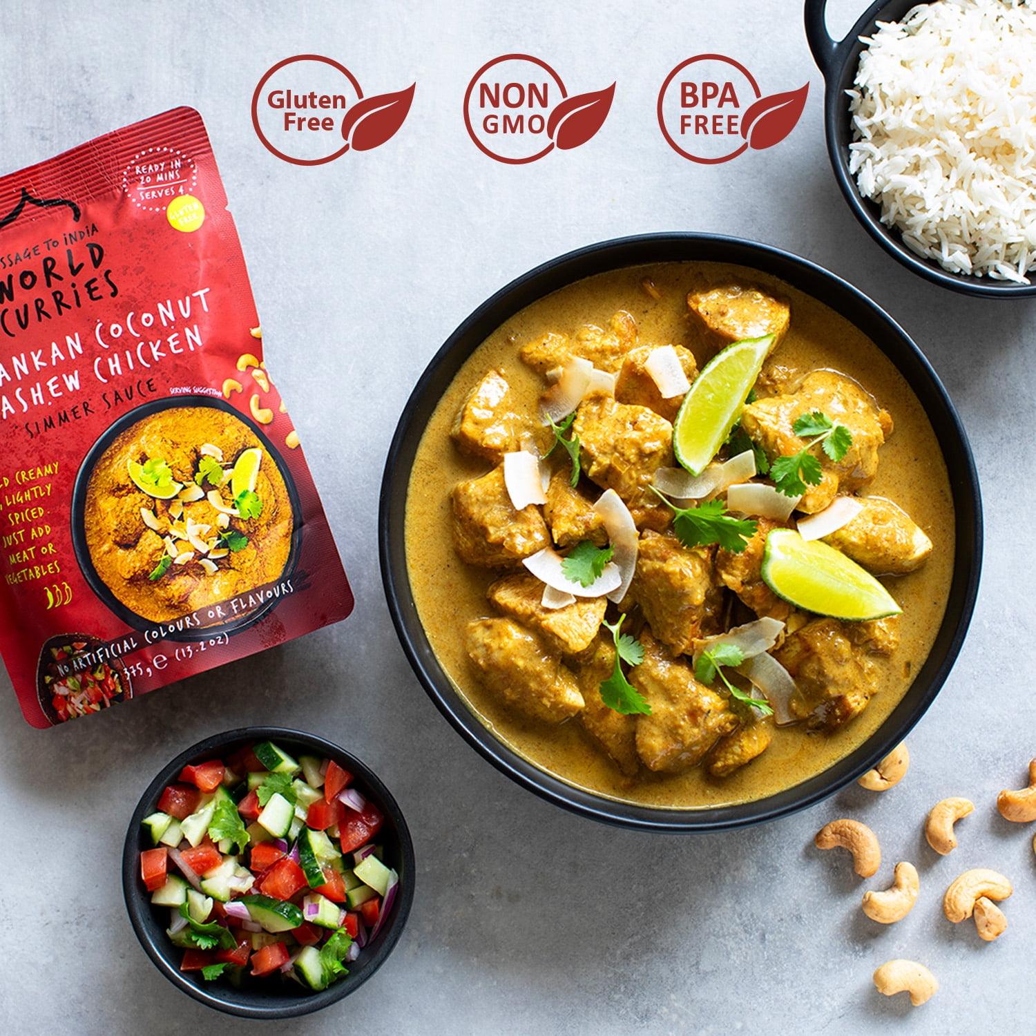 (6 pack) Passage to India Sri Lankan Coconut & Cashew Chicken Simmer Sauce, Mild Coconut Curry Sauce, Gluten-Free, Serves 4, 13.2 oz