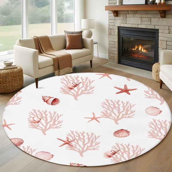 Ocean Red Coral Round Area Rug 7Ft Washable Circle Rugs for Dorm Laundry Room, Summer Coastal Starfish Conch Nautical Non-Slip Carpet Floor Mats Indoor Outdoor Carpet Runner Aesthetic Home Decor
